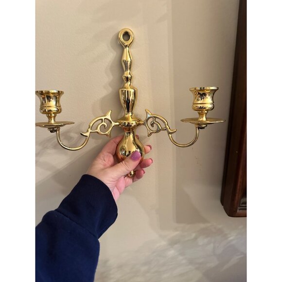 Vintage Solid Brass Double Arm Wall Sconce Candle Holders Ornate Design Set Of 2 - Picture 8 of 12